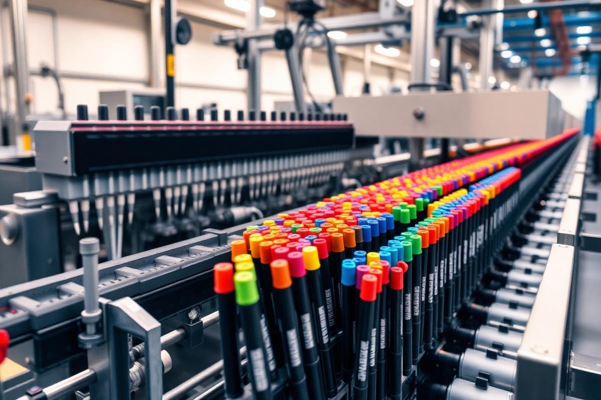 Production line with colorful markers
